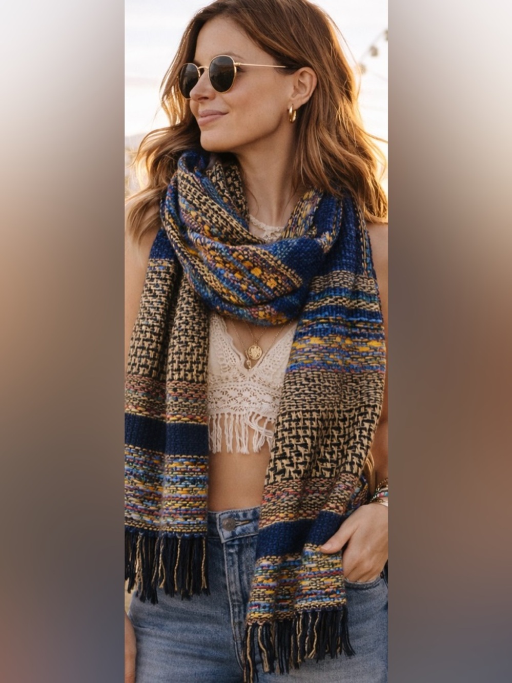 Anthropologie Standing at Ease Boho Woven Tweed Scarf Wrap Fringe Shawl Multi OS